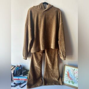 Aerie Groove On Ribbed Velour Lounge Set Flare Brown Sz M